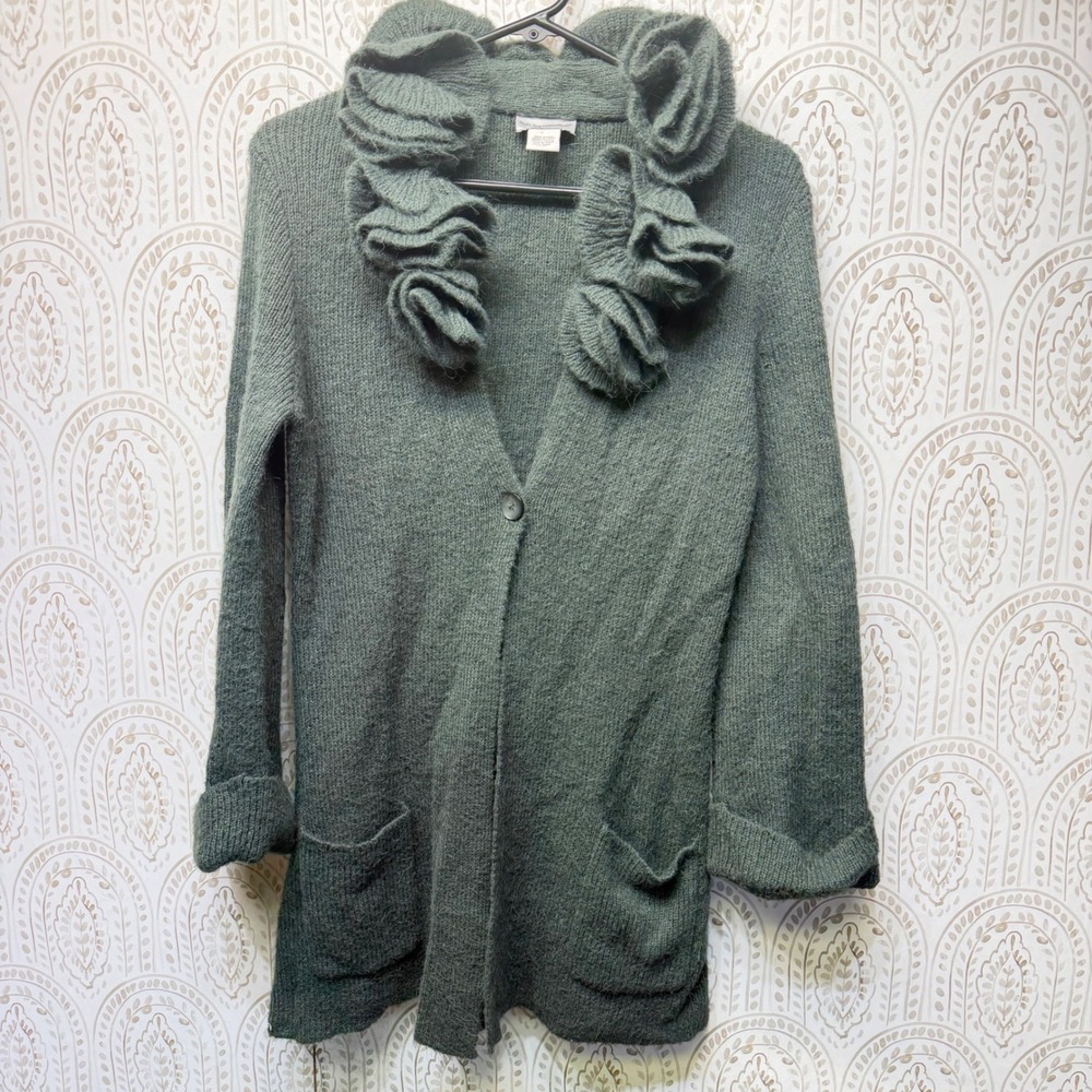 Soft‎ Surroundings Cardigan Womens Small Green Ruffle Collar Alpaca Wool Sweater